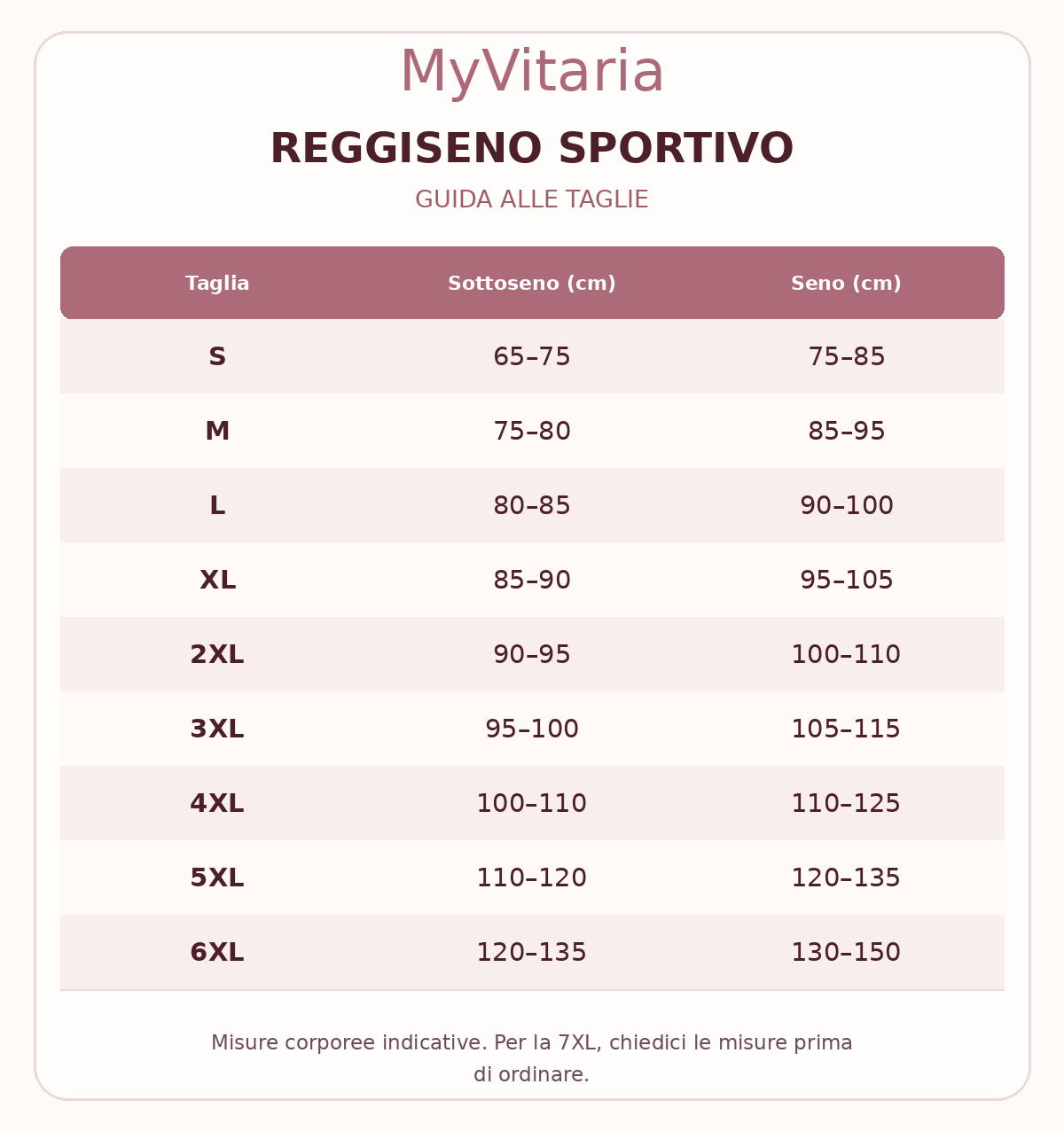 Guida alle taglie MyVitaria bra in italiano