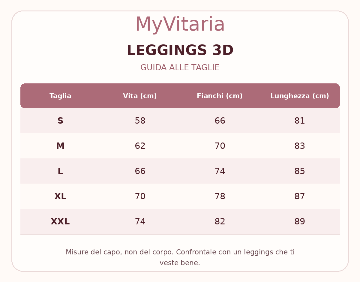 Guida alle taglie MyVitaria leggings in italiano